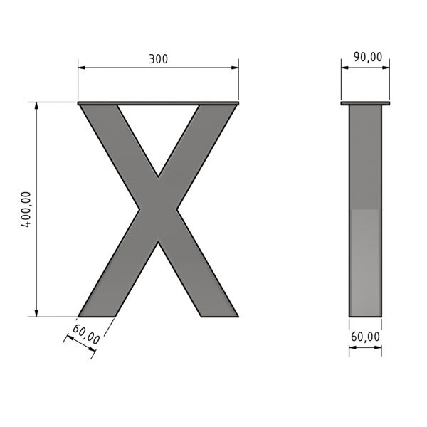 Bankgestell X-Form 30cm Technische Zeichnung Maße