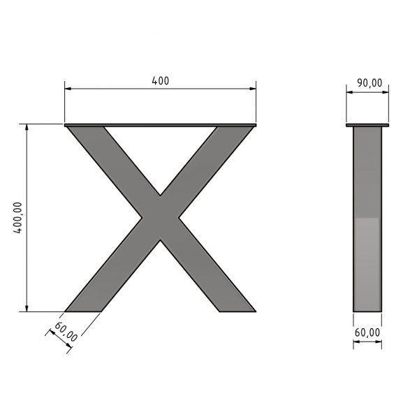 Bankgestell X-Form 40cm Technische Zeichnung Maße