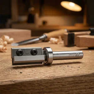 Profi-Bündigfräser mit Kugellager am Schaft und auswechselbarem Wendemesser liegt auf einer Hobelbank aus Eichenholz in einer Schreinerwerkstatt.
