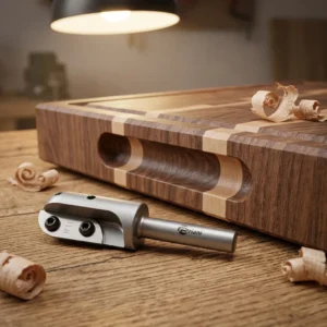 Briani Wendemesser-Hohlkehlfräser mit Radius 11 liegt neben einem massiven Stirnholz-Schneidebrett mit frisch gefräster Griffmulde auf einer Werkbank.