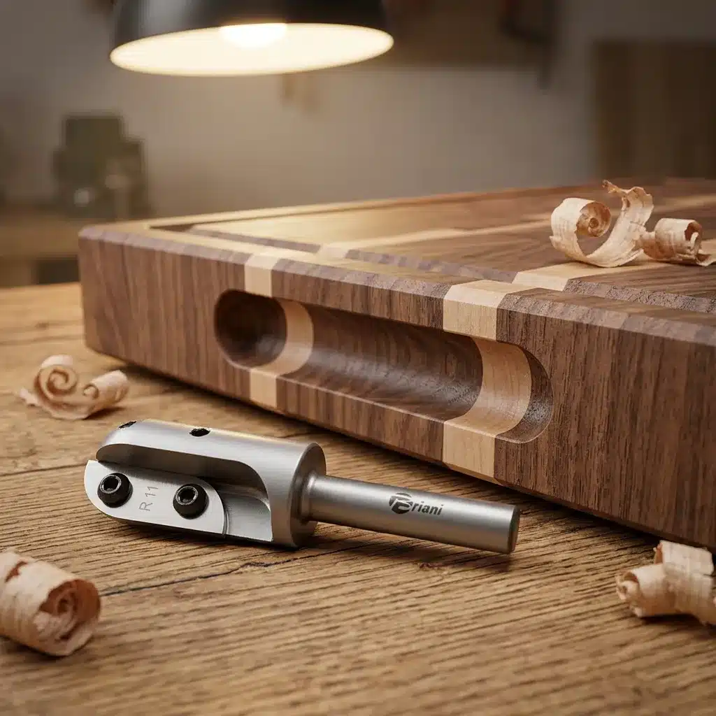 Briani Wendemesser-Hohlkehlfräser mit Radius 11 liegt neben einem massiven Stirnholz-Schneidebrett mit frisch gefräster Griffmulde auf einer Werkbank.