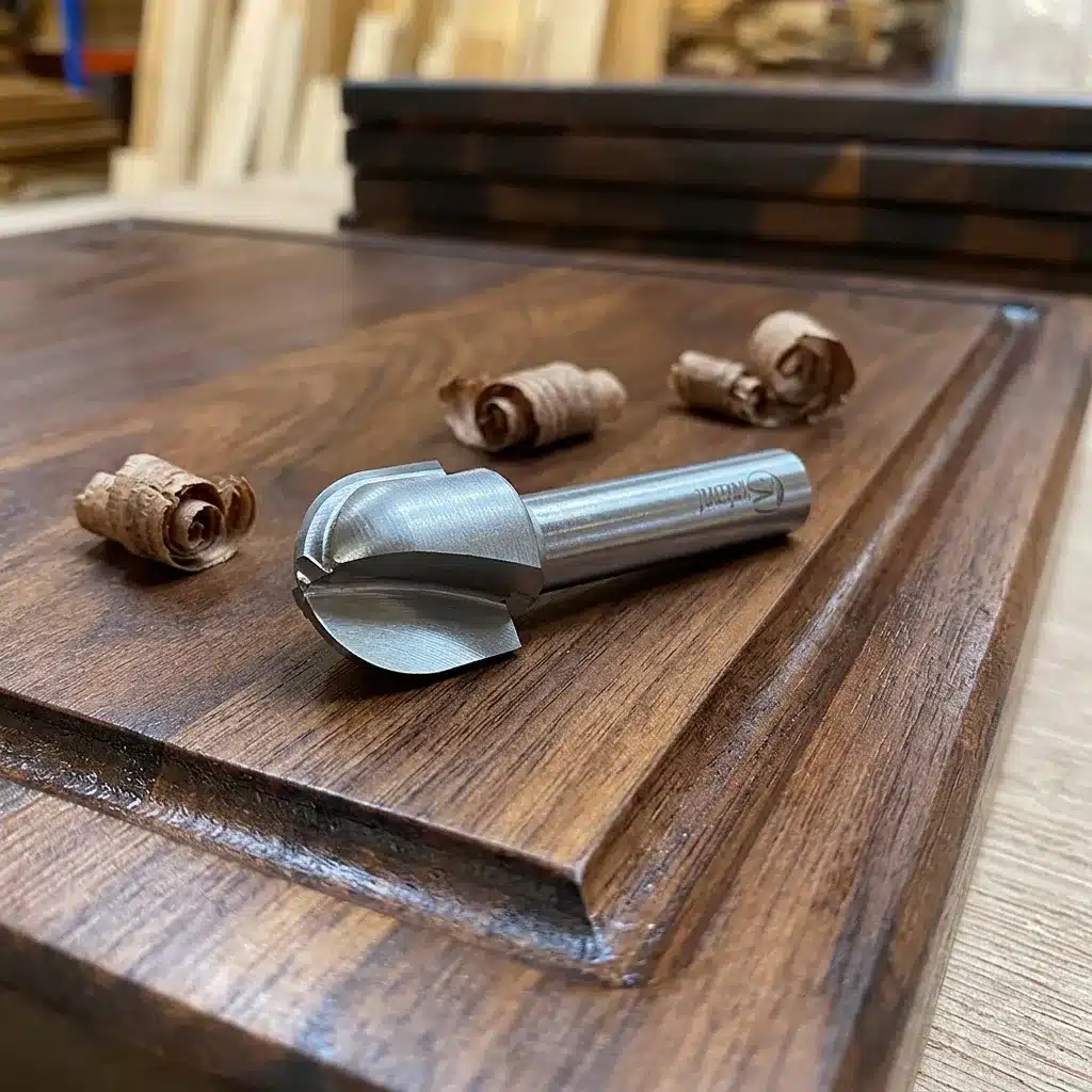Ein Briani Saftrillenfräser Hohlkehlfräser liegt zusammen mit feinen Holzspänen auf einem edlen Schneidebrett aus Holz direkt neben einer frisch gefrästen Saftrinne.