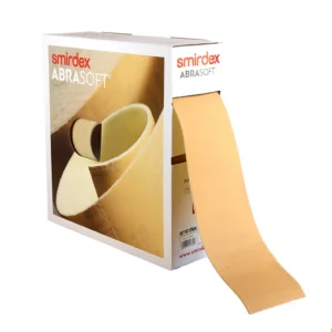 Smirdex Abrasoft Softrolle Schleifrolle auf Schaumstoff als 25 Meter Spenderbox freigestellt auf weißem Hintergrund.
