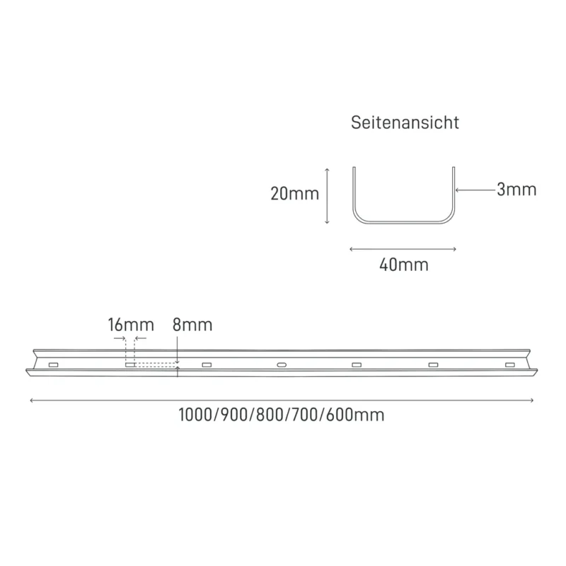 Technische Zeichnung der Gratleiste für Tischplatten aus Stahl im U-Profil.