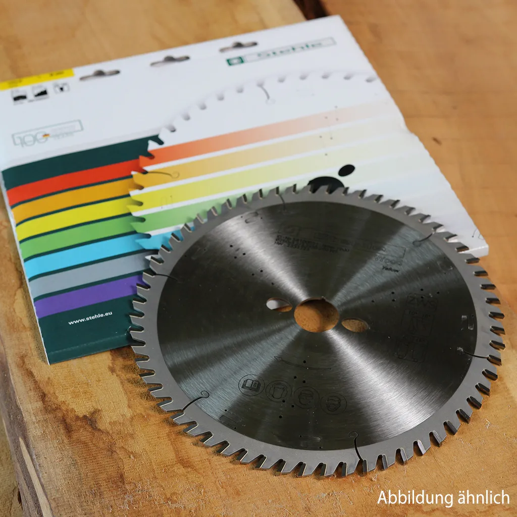 Stehle 216mm Feinschnitt-Kappsägeblatt mit 60 negativen Wechselzähnen für ausrissfreie Gehrungsschnitte.