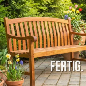 Perfektes Ergebnis im Garten: Eine witterungsbeständige, frisch mit OLI-NATURA Holzöl außen behandelte Gartenbank aus Massivholz.