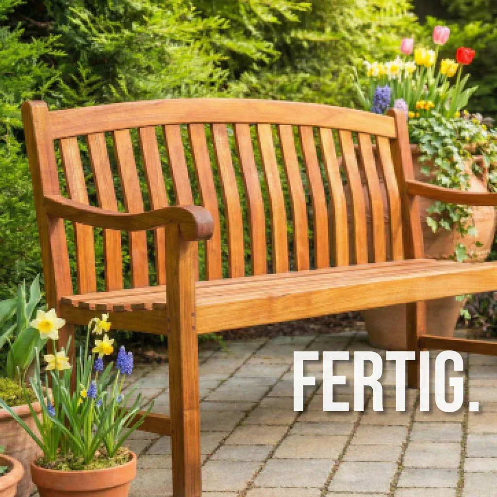 Perfektes Ergebnis im Garten: Eine witterungsbeständige, frisch mit OLI-NATURA Holzöl außen behandelte Gartenbank aus Massivholz.