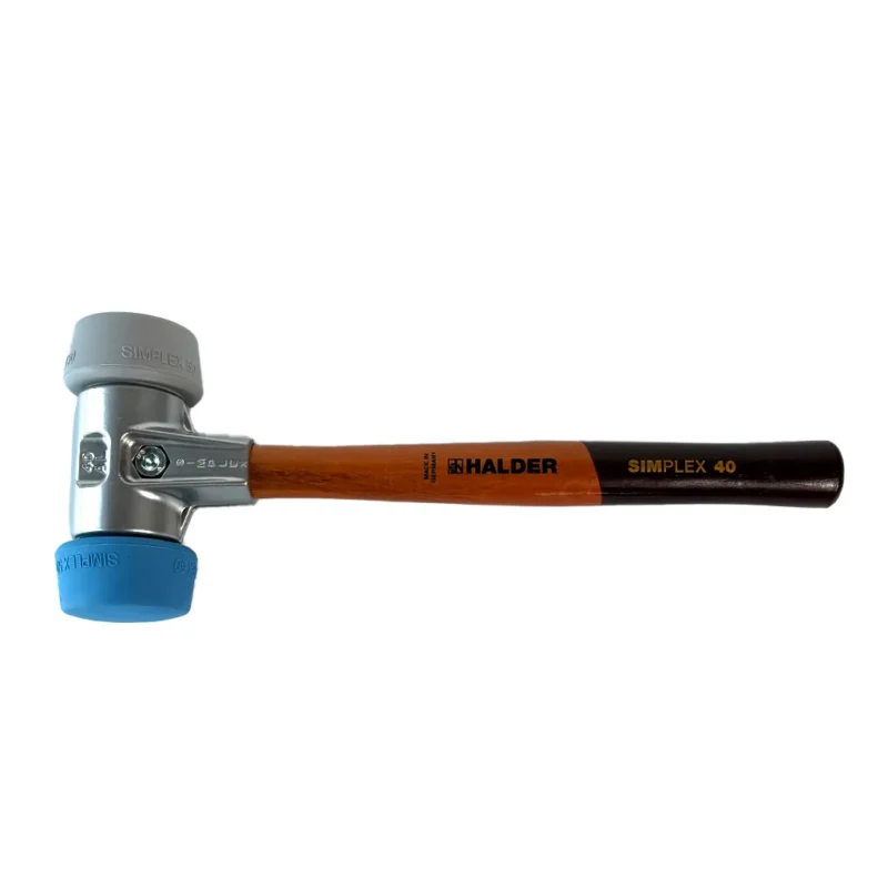 alder SIMPLEX Schonhammer 50 40 mit blauem TPE-soft und grauem TPE-mid Schlageinsatz auf weißem Hintergrund.