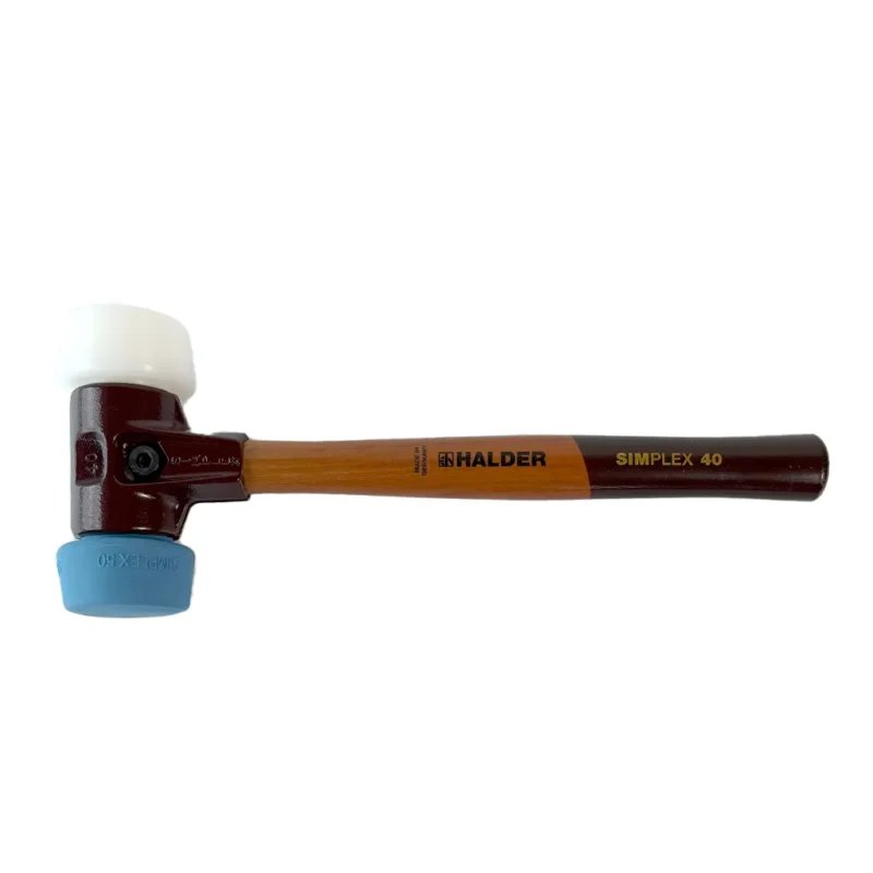 Halder SIMPLEX Schonhammer 50 40 Temperguss mit Schlageinsatz TPE-soft blau und Superplastik weiß freigestellt