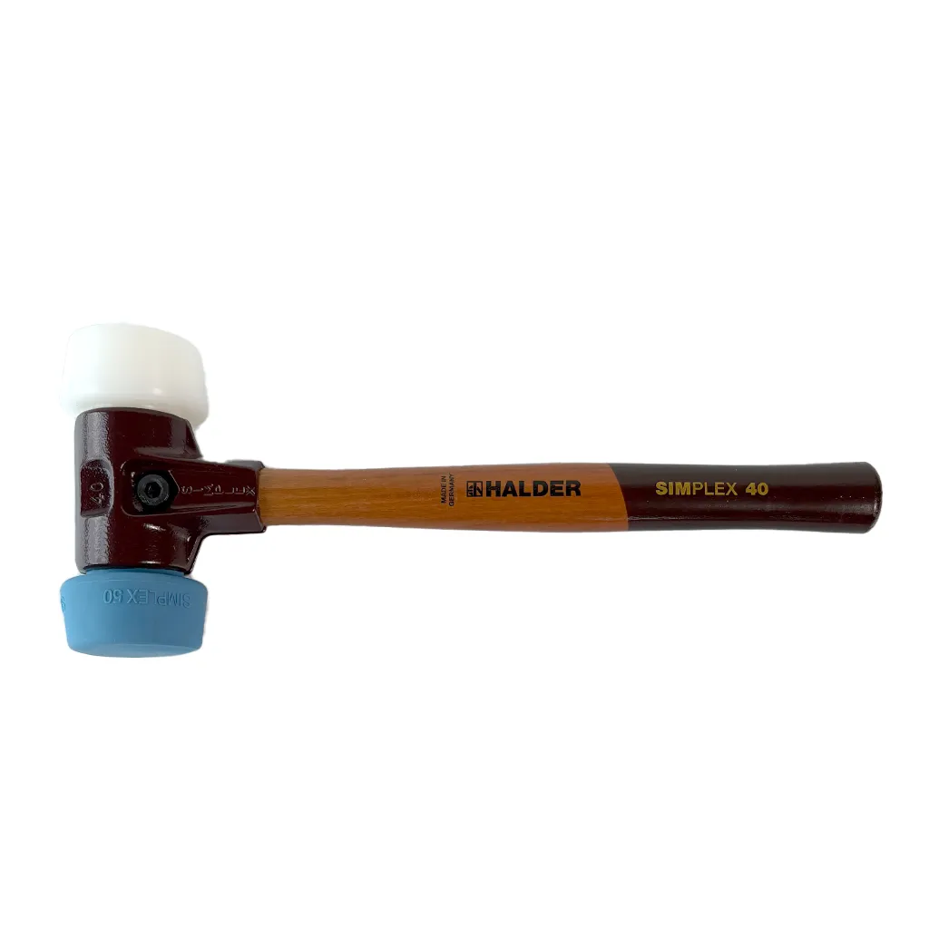 Halder SIMPLEX Schonhammer 50 40 Temperguss mit Schlageinsatz TPE-soft blau und Superplastik weiß freigestellt
