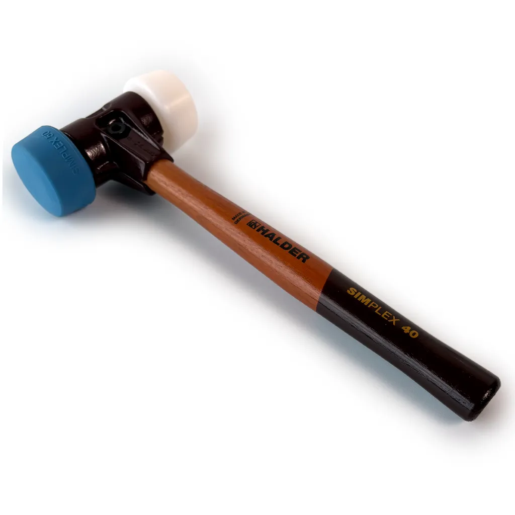 Halder SIMPLEX Schonhammer 50 40 Temperguss mit Schlageinsatz TPE-soft blau und Superplastik auf weißem Untergrund.