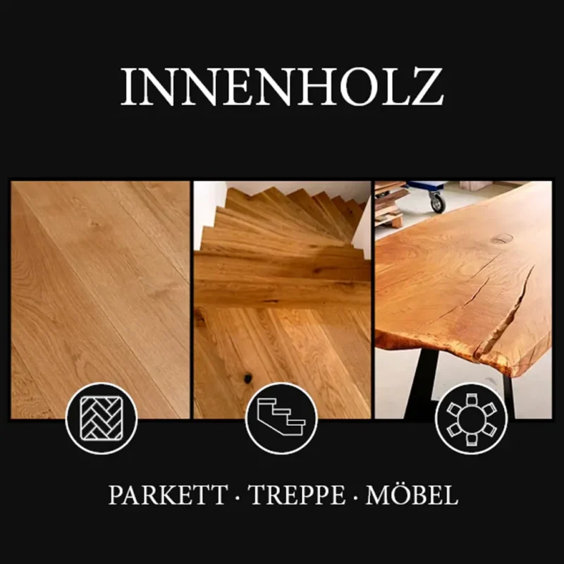 Anwendungsbeispiele für das OLI-NATURA High-Solid Holzöl auf Parkettböden, stark beanspruchten Holztreppen und massiven Design-Möbeln.