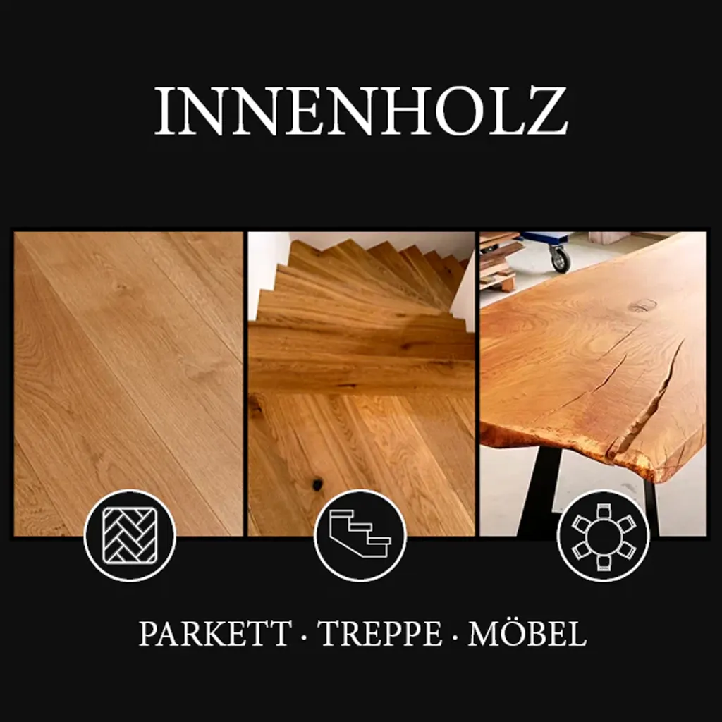 Anwendungsbeispiele für das OLI-NATURA High-Solid Holzöl auf Parkettböden, stark beanspruchten Holztreppen und massiven Design-Möbeln.