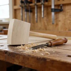 Ein Holzhammer für Stechbeitel liegt auf einer Werkbank in einer Holzwerkstatt.