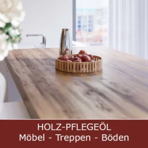 OLI-NATURA Holzpflegeöl Anwendung: Frisch gepflegte und geschützte Holzoberfläche einer Arbeitsplatte oder eines Massivholz-Esstischs.