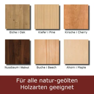 Universelles Holzpflegeöl für alle naturgeölten Holzarten wie Eiche, Buche, Nussbaum, Ahorn, Kiefer und Kirschbaum.