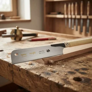 Eine Japan-Präzisions-Zugsäge wird flach auf ein Holzbrett aufgelegt, um einen überstehenden Holzdübel oberflächenbündig abzusägen