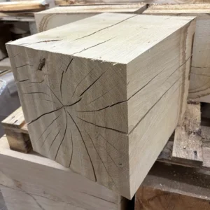 Nahaufnahme der Stirnseite eines unbehandelten Eichen-Holzklotzes mit natürlichen Trocknungsrissen für Heimwerker.