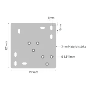 Technische Zeichnung der Montageplatte Tischbeine mit Abmessungen 162x162mm Langlocher und Senkbohrungen
