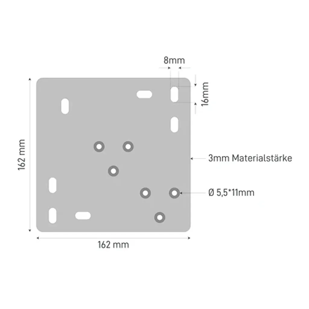 Technische Zeichnung der Montageplatte Tischbeine mit Abmessungen 162x162mm Langlocher und Senkbohrungen