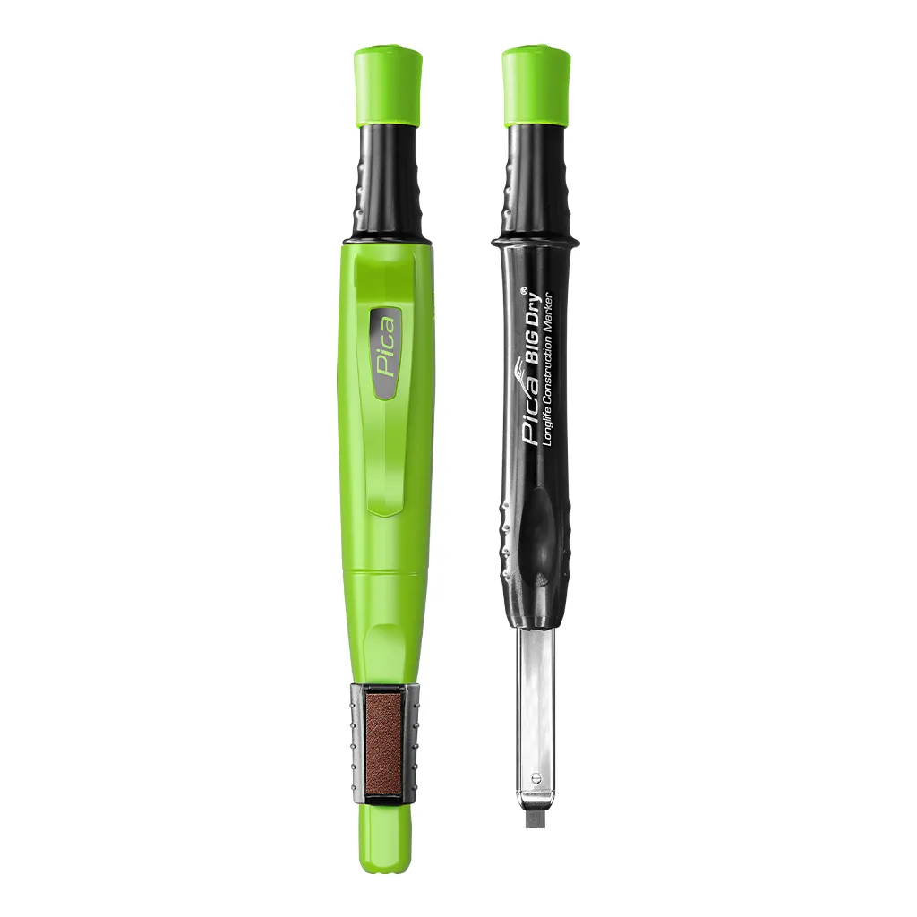 Nahaufnahme des Pica BIG Dry Zimmermannsbleistifts mit herausfahrender 2x5 mm Rechteckmine.