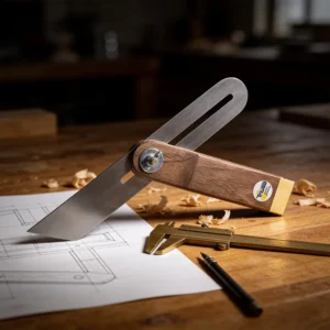 Eine Tischlerschmiege aus Holz liegt auf einer Werkbank mit einer technischen Zeichnung und einem Messschieber.