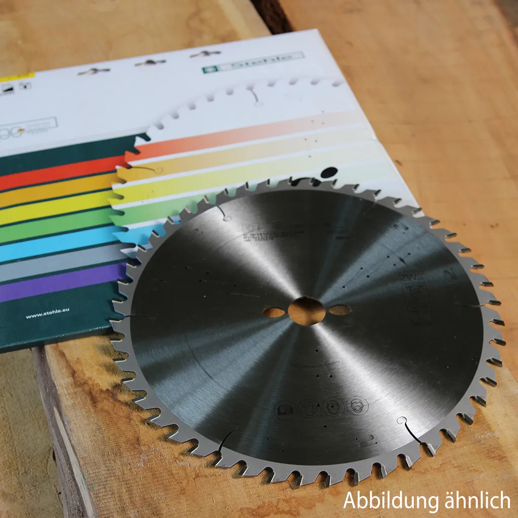 Stehle 216mm Universal-Kappsägeblatt mit 48 negativen Wechselzähnen für sichere Kapp- und Gehrungsschnitte.