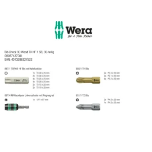 Übersicht der enthaltenen Torx HF Bits, Pozidriv Bits und Bithalter des Wera Bit-Check 30 Wood TX HF 1 SB Sets