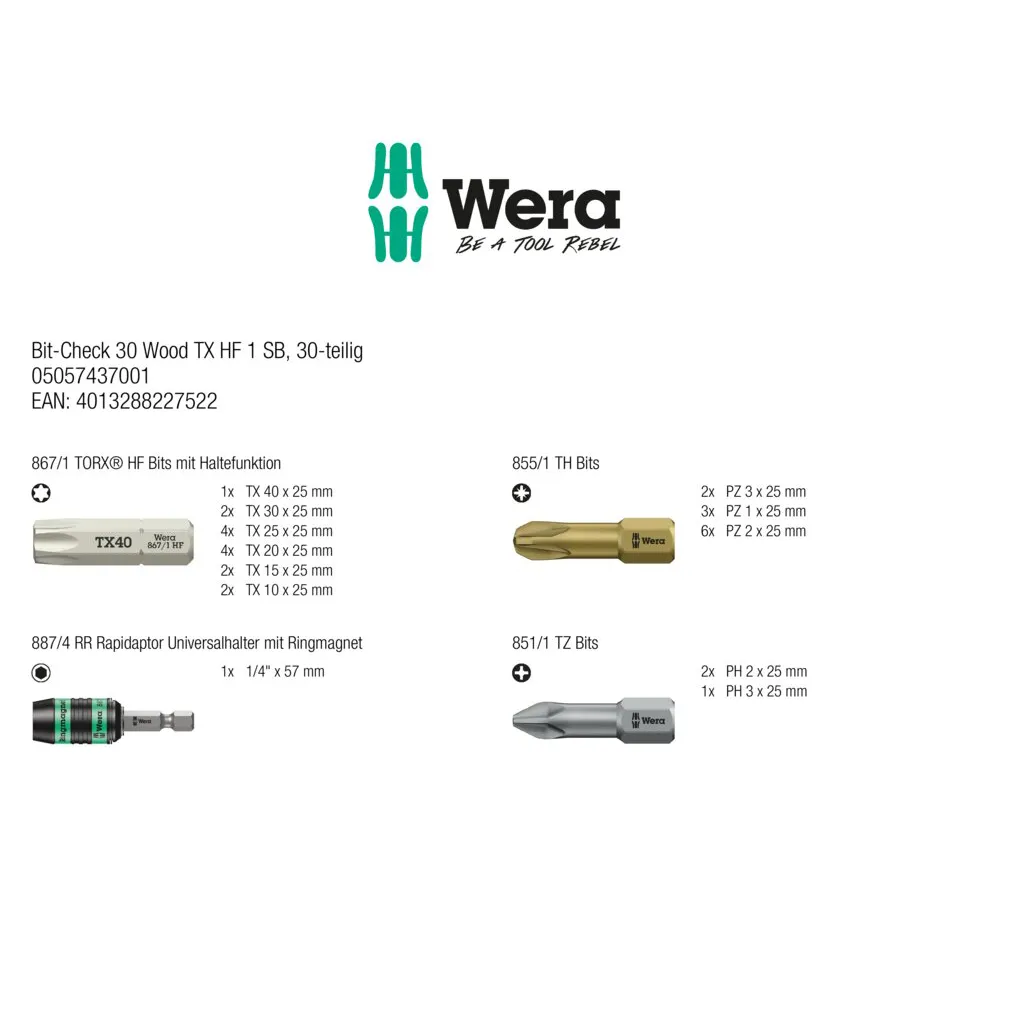 Übersicht der enthaltenen Torx HF Bits, Pozidriv Bits und Bithalter des Wera Bit-Check 30 Wood TX HF 1 SB Sets