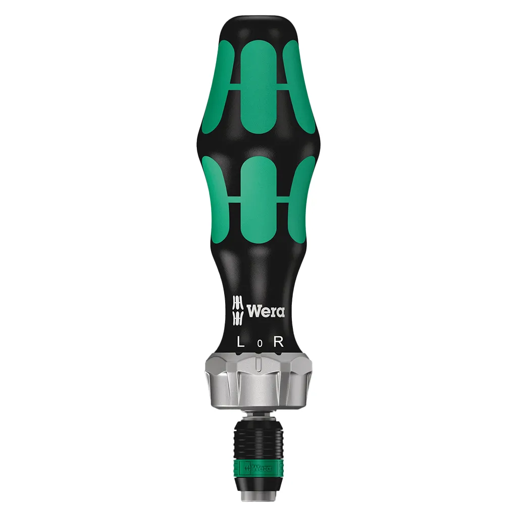 Wera Kraftform 816 RA Ratschen-Handhalter mit L-0-R Umschaltring und Rapidaptor-Schnellwechselfutter in Nahaufnahme