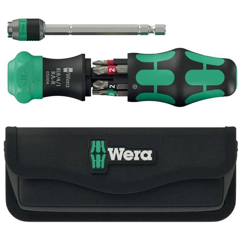 Wera Kraftform Kompakt 20 RA-R Ratschenschrauber mit ausgefahrenem Bit-Magazin und schwarzer Tasche