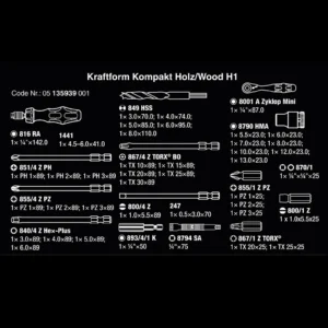 ollständige 41-teilige Stückliste des Wera Kraftform Kompakt H1 Holz Sets
