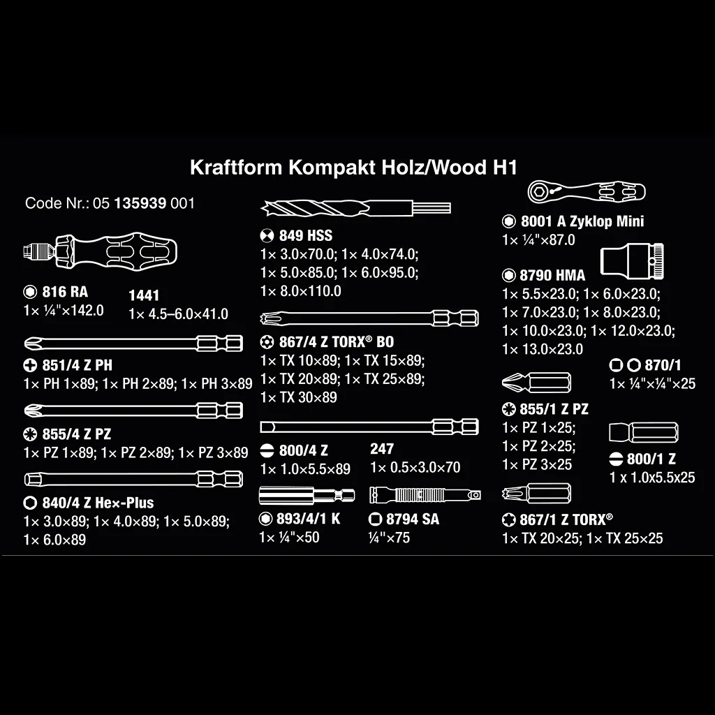 ollständige 41-teilige Stückliste des Wera Kraftform Kompakt H1 Holz Sets