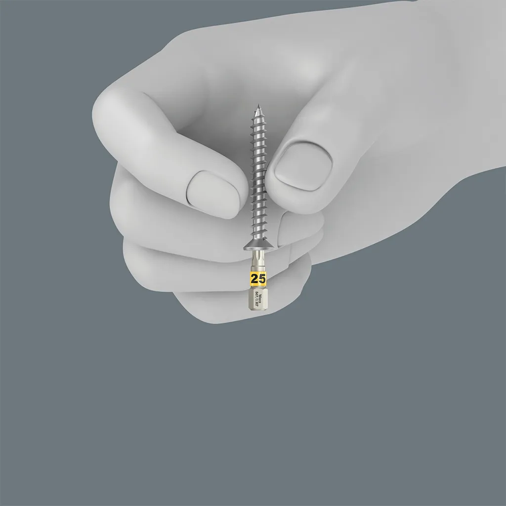 Wera Torx HF Bit klemmt eine Holzschraube durch mechanische Flächenpressung felsenfest ohne Magnet