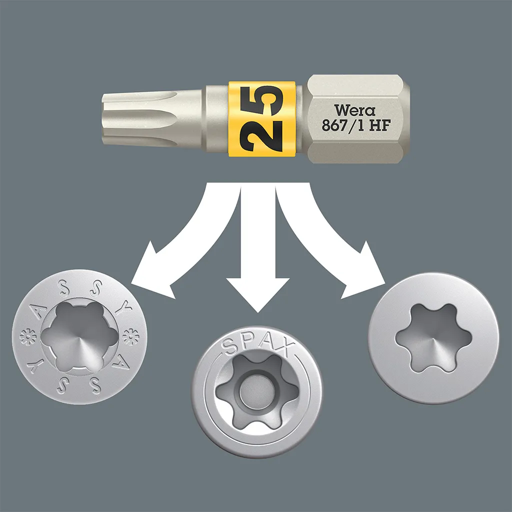 Grafische Übersicht zur Kompatibilität des Wera Torx HF Bits mit SPAX T-STAR plus und Würth ASSY Holzschrauben
