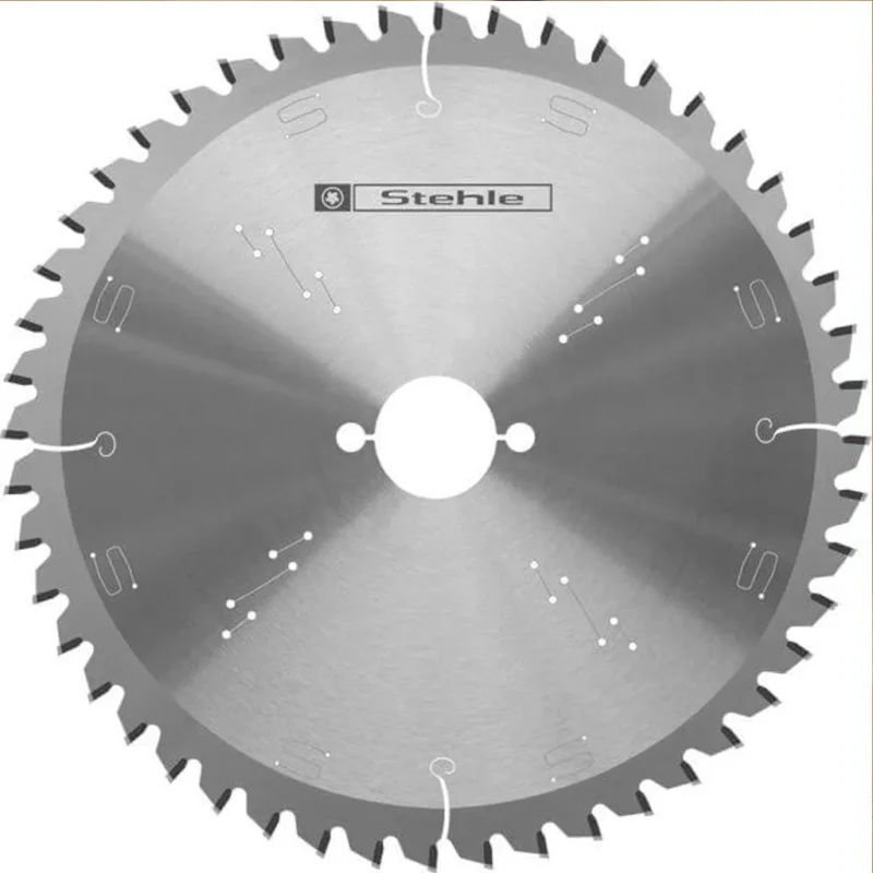 Zeichnung des Stehle 216mm Feinschnitt-Kappsägeblatts mit 60 negativen Wechselzähnen für ausrissfreie Gehrungsschnitte.