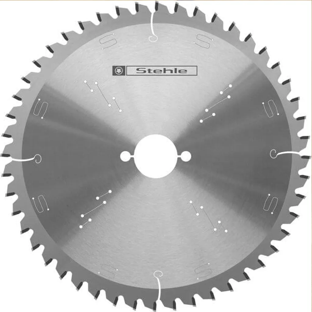Zeichnung des Stehle 216mm Feinschnitt-Kappsägeblatts mit 60 negativen Wechselzähnen für ausrissfreie Gehrungsschnitte.
