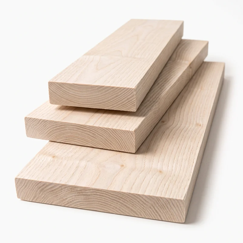 Drei sägeraue und unbehandelte Holzbohlen aus Ahorn auf weissem Hintergrund gestapelt, in den Breiten 10 cm, 15 cm und 20 cm.