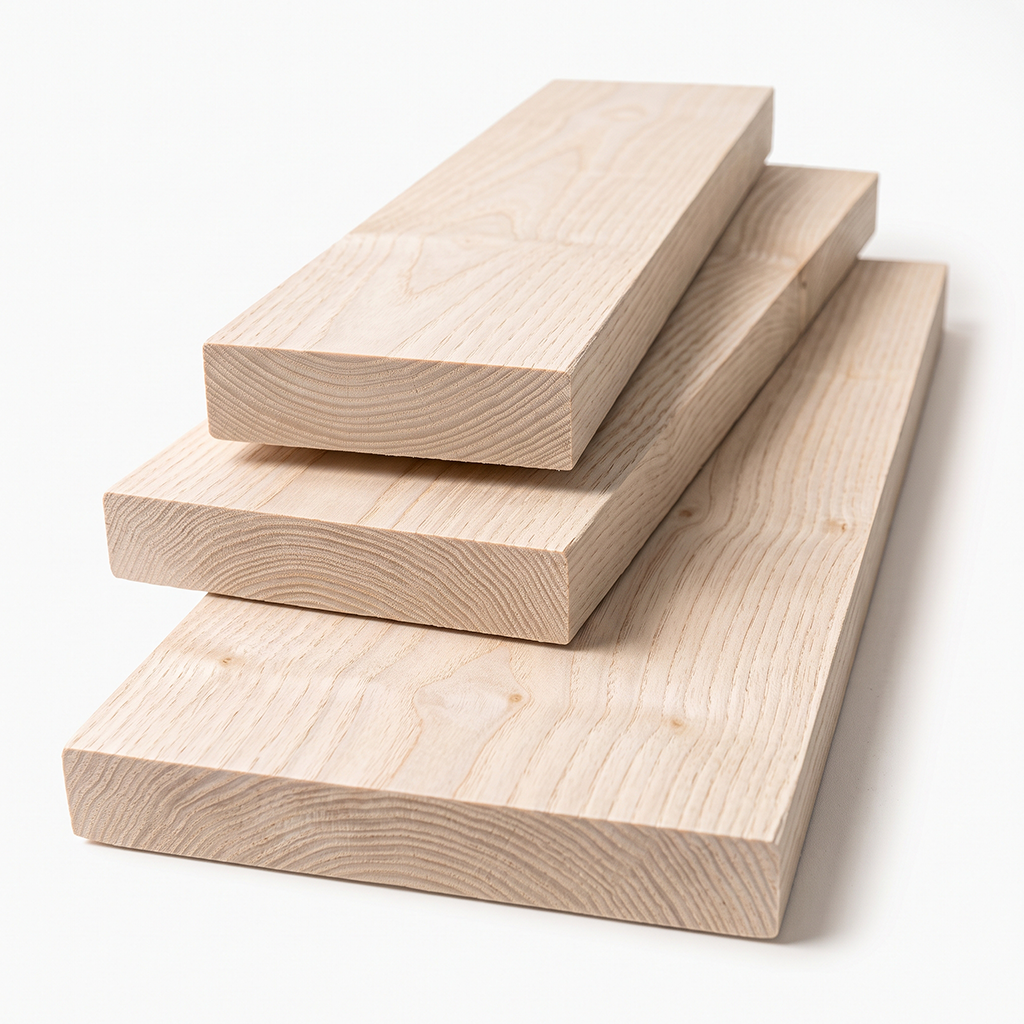 Drei sägeraue und unbehandelte Holzbohlen aus Ahorn auf weissem Hintergrund gestapelt, in den Breiten 10 cm, 15 cm und 20 cm.