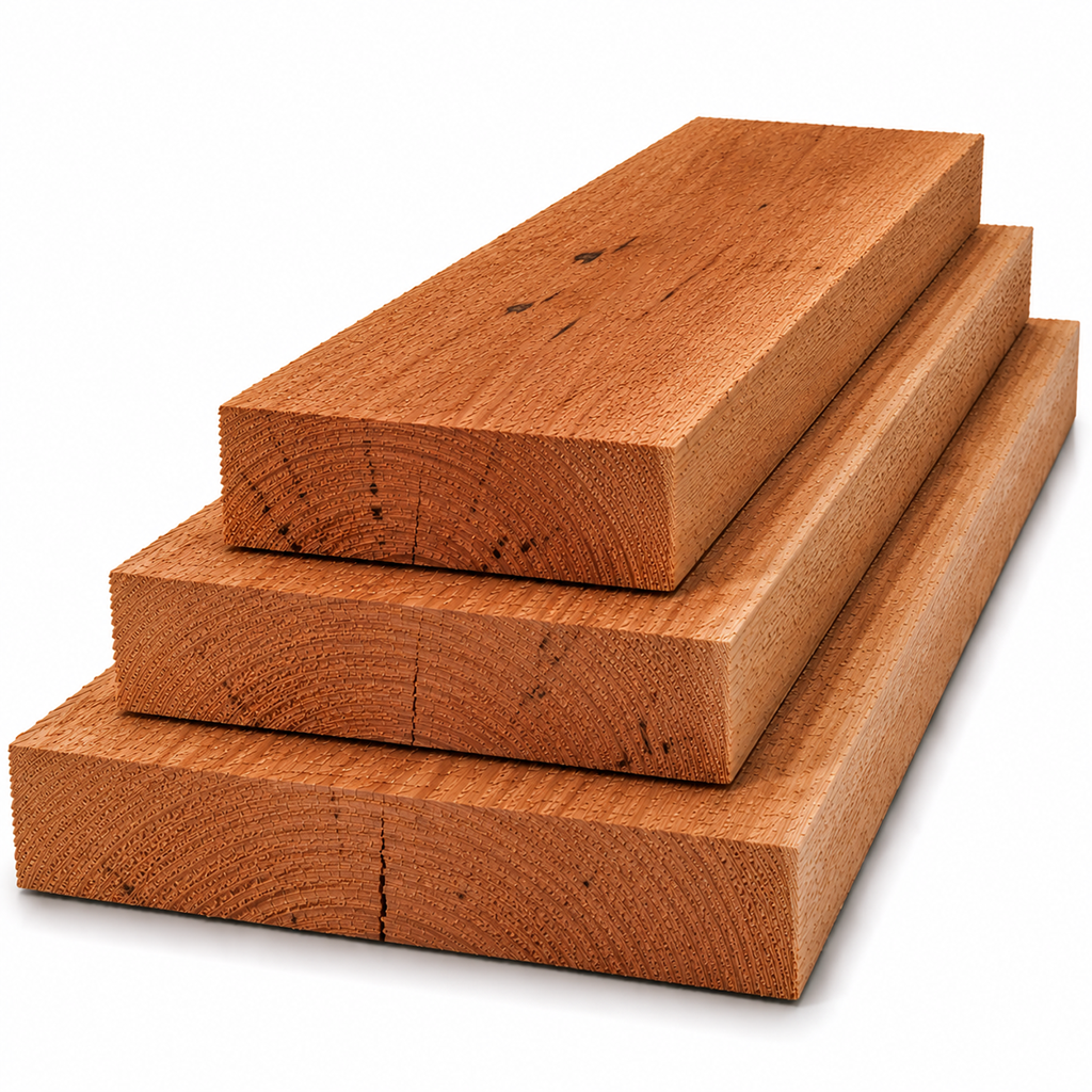 Drei sägeraue und unbehandelte Holzbohlen aus amerikanischen Kirschbaum auf weissem Hintergrund gestapelt, in den Breiten 10 cm, 15 cm und 20 cm.