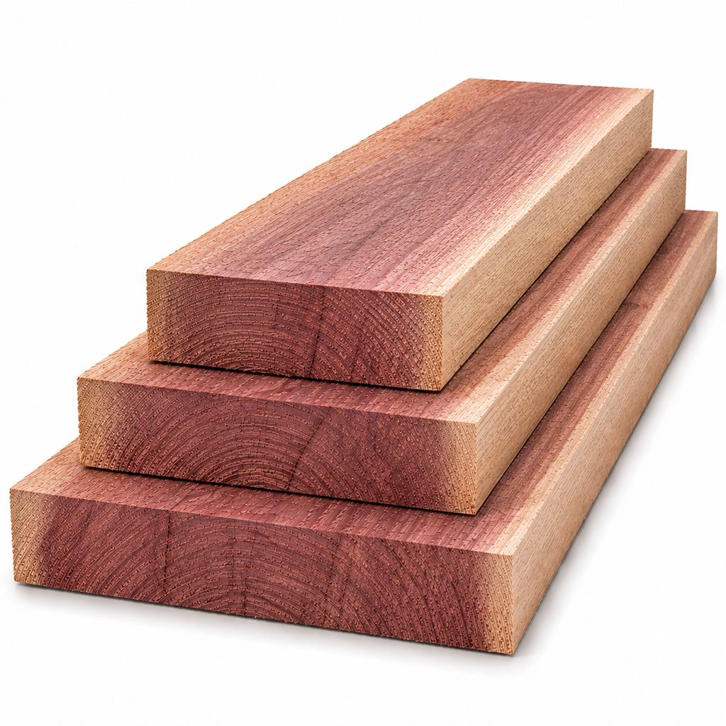 Drei sägeraue und unbehandelte Holzbohlen aus Apfelbaum auf weissem Hintergrund gestapelt, in den Breiten 10 cm, 15 cm und 20 cm.