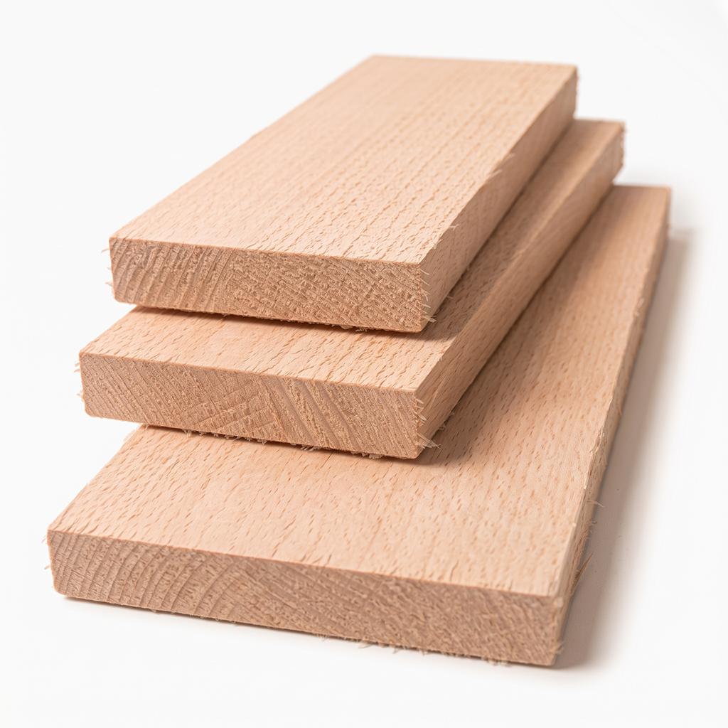 Drei sägeraue und unbehandelte Holzbohlen aus Buche auf weissem Hintergrund gestapelt, in den Breiten 10 cm, 15 cm und 20 cm.