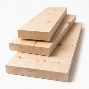 Drei sägeraue und unbehandelte Holzbohlen aus Esche auf weissem Hintergrund gestapelt, in den Breiten 10 cm, 15 cm und 20 cm.