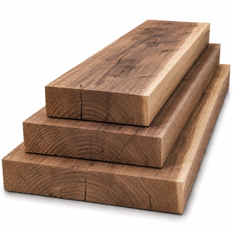 Drei sägeraue und unbehandelte Holzbohlen aus europäischem Nussbaum auf weissem Hintergrund gestapelt, in den Breiten 10 cm, 15 cm und 20 cm.