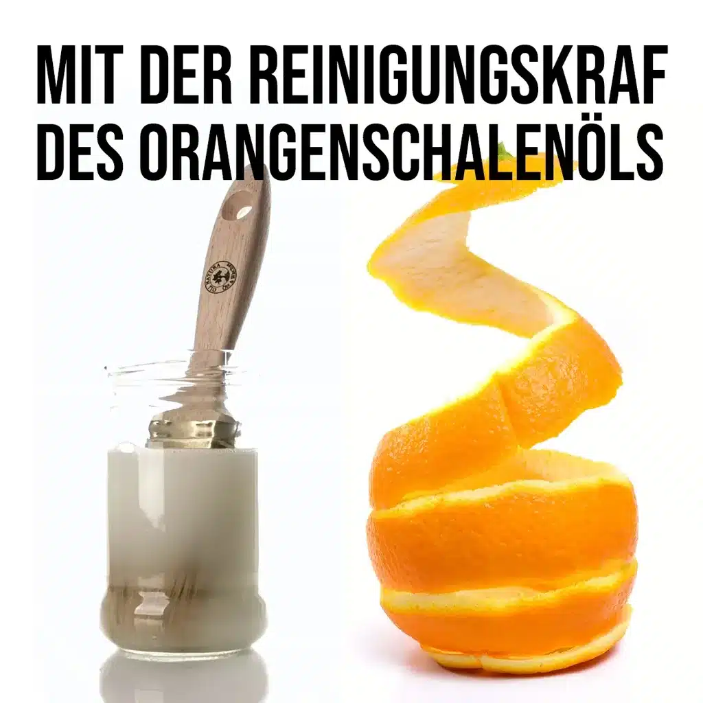 OLI-NATURA Pinselreiniger mit natürlicher Reinigungskraft aus Orangenschalenöl und eingetauchtem Holzpinsel
