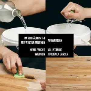 Schritt-für-Schritt-Anwendung des OLI-NATURA PreOilCleaner vom Anmischen bis zum nebelfeuchten Wischen