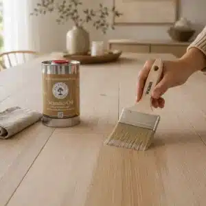 Profi Flächenstreicher 100mm beim gleichmäßigen Auftragen von OLI-NATURA Scandic-Oil auf einen großen Holztisch