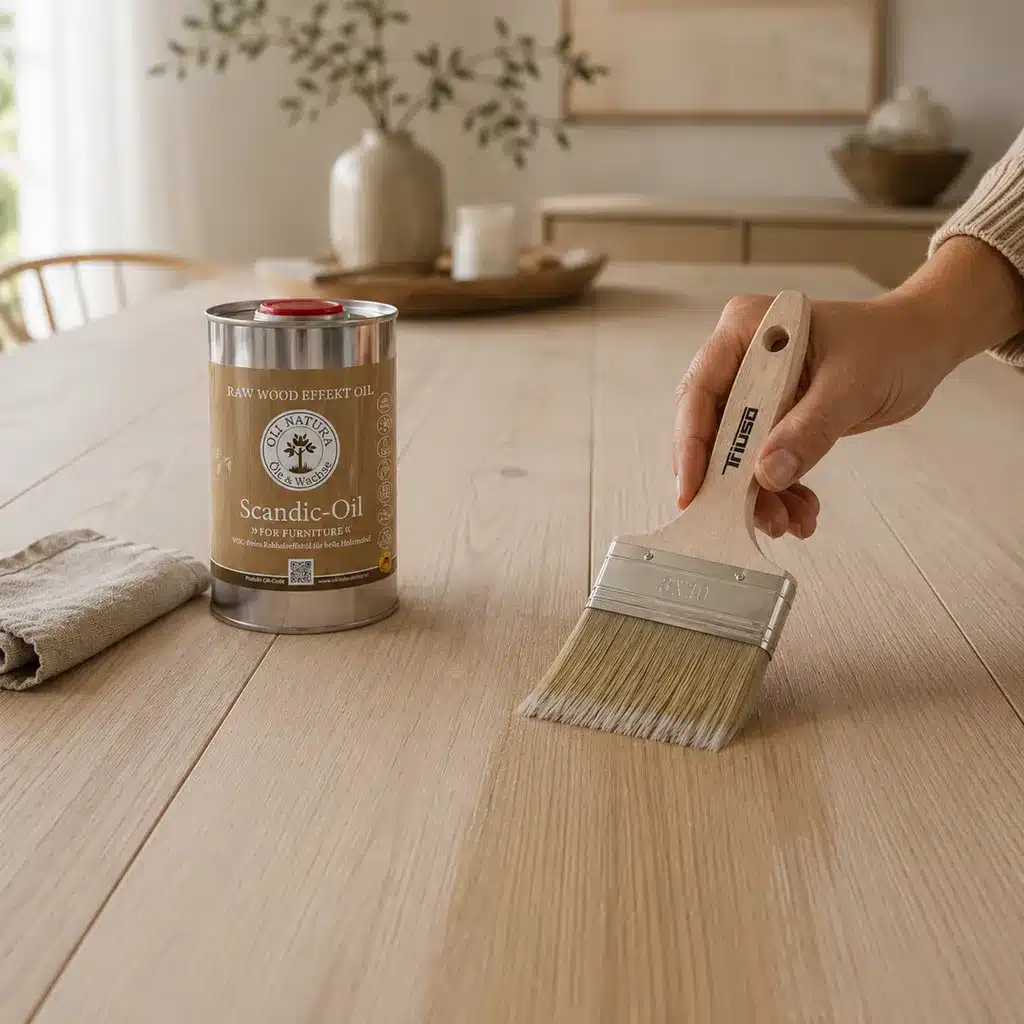 Profi Flächenstreicher 100mm beim gleichmäßigen Auftragen von OLI-NATURA Scandic-Oil auf einen großen Holztisch